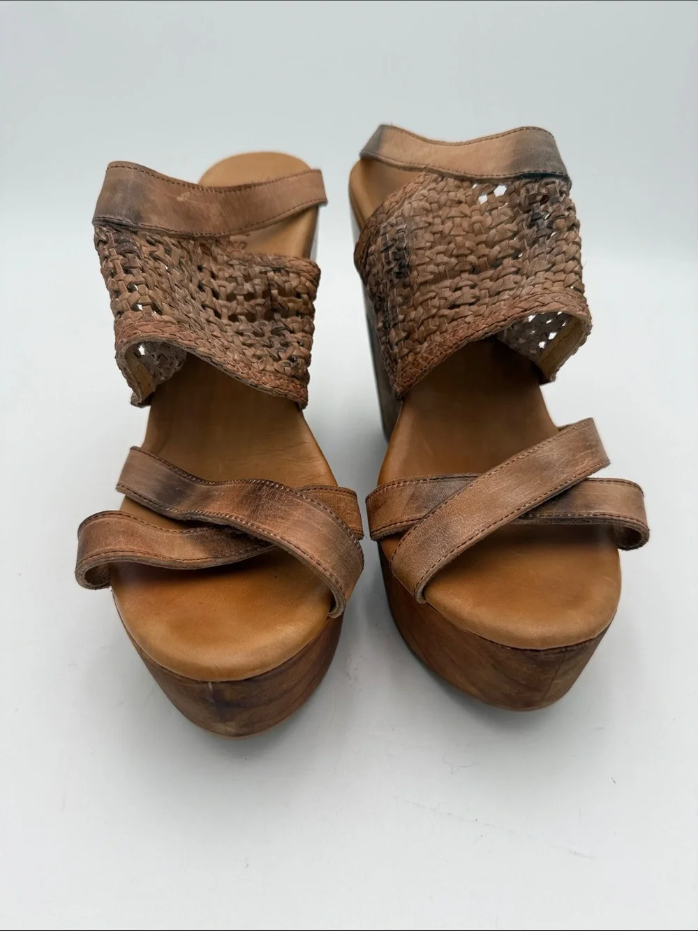 Anthropologie Bed Stu Petra Woven Leather Platform Wedge Sandals 11 Brown  Y2K